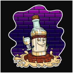 Bottle holding glass on wood stand and brick background cartoon.