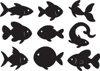 Fish Silhouette Vector Set of Nine Black Fish Icons on White Background