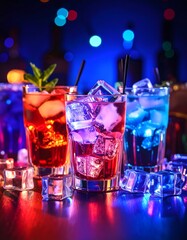 Vibrant Cocktails with Ice Cubes Illuminated by Colorful Bar Lighting