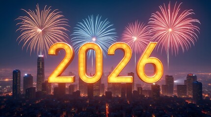Festive New Year Greeting Card with City Skyline, Fireworks, and Golden 2026 Typography
