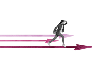 Trend artwork sketch design montage 3D collage of young lady businesswoman walk step success choice aim goal motivation research find