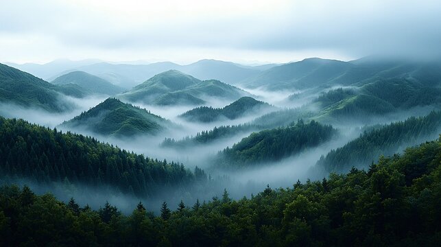 A stunning mountain range emerging from a blanket of fog creating a breathtaking view - Powered by Adobe