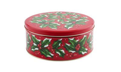 Round red christmas tin with holly berry design isolated on transparent background for holiday cookies