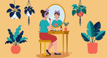 Woman applying makeup at vanity table surrounded by plants in a cozy home setting
