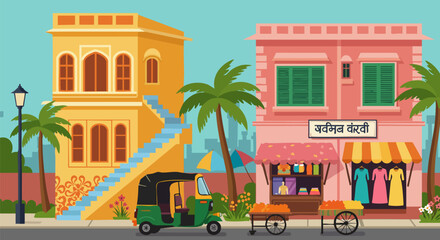 Vibrant indian street scene with colorful buildings and an auto rickshaw passing by