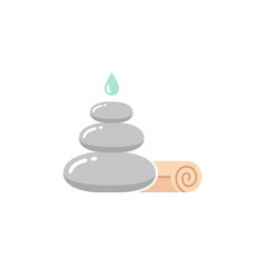 A tranquil spa concept illustration featuring a stack of balanced grey stones, a single water droplet, and a rolled towel.
