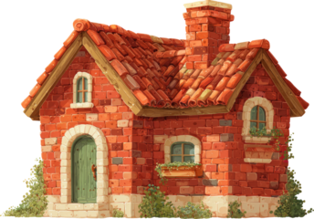 Cozy charming cartoon illustration of red brick cottage house