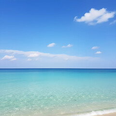Obraz premium A pristine tropical seascape with crystal-clear turquoise waters gently meeting a sandy shore, extending to a calm horizon under a vast, bright blue sky with sparse clouds
