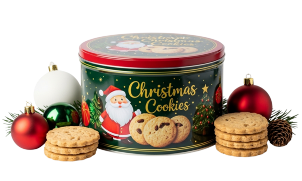 Christmas cookie tin with santa and ornaments isolated on transparent background for holiday treat - Powered by Adobe