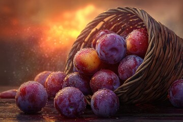 Obraz premium Vibrant, water-kissed purple and red plums spill from a woven basket, glowing in the warm, magical light of a golden hour.