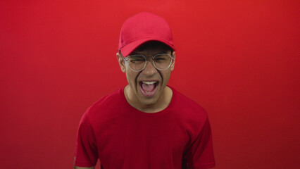 Young hispanic man wearing red cap and t shirt with open mouth laughs against red studio wall; excitement.