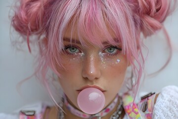Close-up shot of a girl with pink hair in two buns and pink iridescent makeup with a pink bubble gum in her mouth