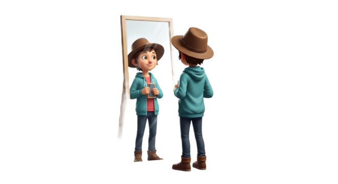 Boy looking at his reflection in a mirror.