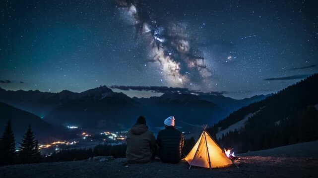 Dos hombres sentados de espaldas, observando la Vía Láctea sobre un valle montañoso