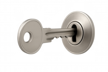 Metal key inserting into cylindrical lock, unlocking security, access, solution, success concept