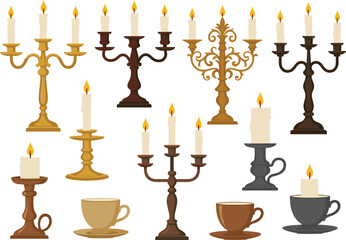 Candle Holder and Teacup Vector Set Featuring Lit Candles, Vintage Decor, and Ornamental Styles for Cozy, Festive, and Interior Projects