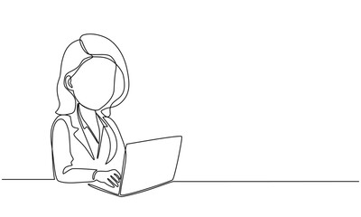 Woman with laptop computer in one continuous line drawing. Symbol of businesswoman and female student.vector illustration eps10