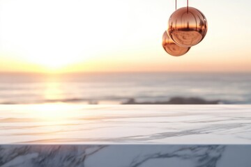 An elegant white marble surface overlooks a serene ocean at sunset, accented by modern copper pendant lights, evoking a luxurious, peaceful ambiance.