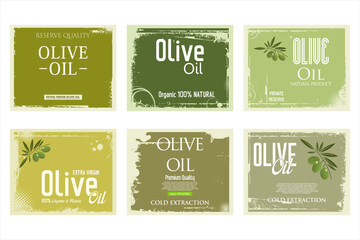 Olive oil retro green color label background grunge collection. Vector packaging design layout with Olives branch 