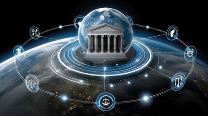 Digital representation of global legal system with courthouse at center, surrounded by icons symbolizing law, justice, and governance