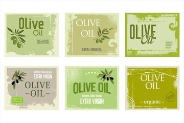 Olive oil retro green color label background grunge collection. Vector packaging design layout with Olives branch 