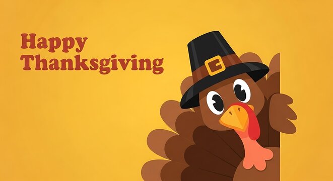 Cute cartoon turkey wearing a pilgrim hat peeking around a corner with happy thanksgiving text on a warm orange background celebrating the autumn holiday - Powered by Adobe