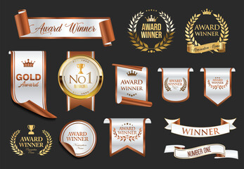 Premium and gold award emblem badges and ribbon silver and bronze isolated on gray background 
