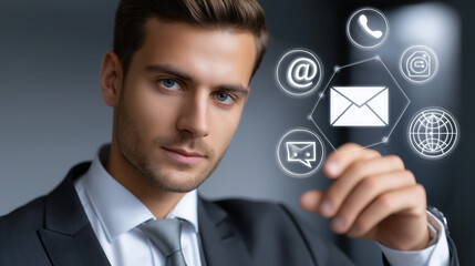 Professional man in suit interacting with digital communication icons, showcasing modern technology and connectivity in corporate environment