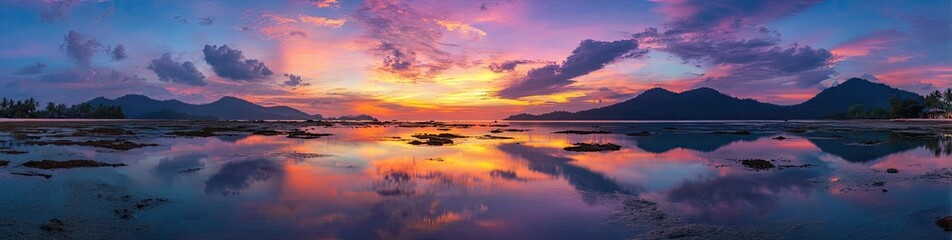 Obraz premium Vivid panoramic sunset landscape reflecting on water with silhouetted islands