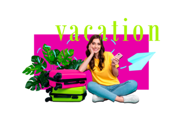 Composite photo collage of happy girl sit booked tickets iphone summer vacation preparation suitcase palm isolated on painting background