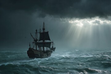 Dark sailing ship on a stormy sea under rays of sunlight breaking through dark clouds
