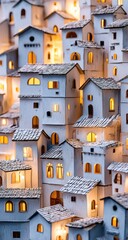 A charming, miniature village, rendered in pale colors, with warm, glowing lights illuminating the windows.
