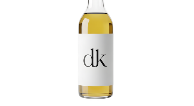 Clear glass bottle with white label and the letters dk containing a yellow liquid.