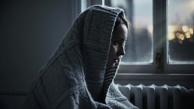 Mujer joven, melancólica y reflexiva, envuelta en una manta de lana gris, sentada mirando por una ventana.