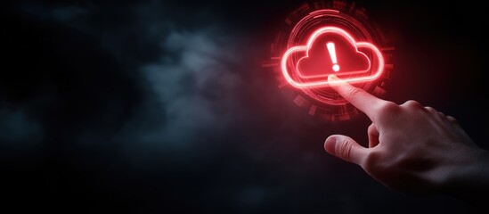 Professional hand touching glowing holographic cloud storage icon with red warning alerts, data leak and cyber threat visualization, futuristic high-tech UI in cinematic corporate style