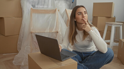 Woman using laptop in new home surrounded by cardboard boxes reflecting moving and planning ideas.