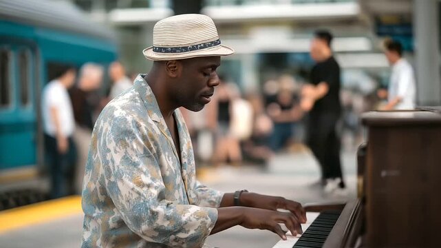 musician performing impromptu piano piece at public train station crowd watching spontaneous art energy three quarter wide angle cinematic color correction gentle backlight