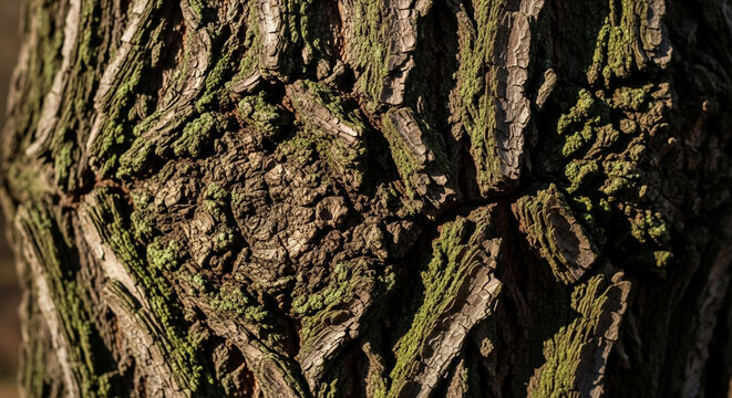 Close up of a tree trunk showing the bark texture and patterns in natural light, creating a detailed and organic background image