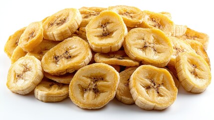 Naklejka premium Close-up of a Pile of Dried Banana Slices on a White Background Ready to Eat Offering a Sweet and