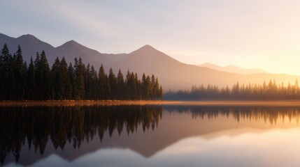 Obraz premium Serene sunrise over a tranquil lake surrounded by mountains and forests, reflecting calm waters