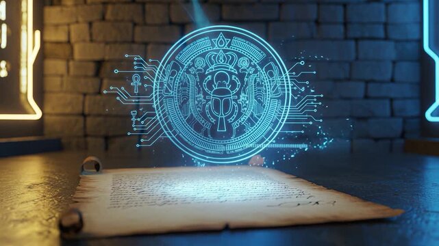 Ancient Scroll Unveils Holographic Egyptian Scarab Symbol in a Mysterious Chamber