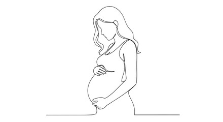 Continuous line drawing of pregnant woman. Single line illustration of expecting mother silhouette. Maternity and motherhood concept in continuous line art