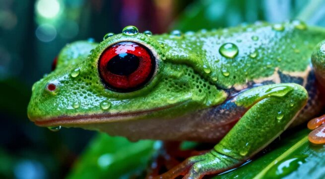  Rana arborícola (verde esmeralda, ojos rojos) sobre una hoja tropical vibrante, cubierta de gotas de rocío perfectas