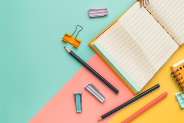 Flat lay of pencils, eraser, sharpener and open notebook on pastel background, minimal education mockup.