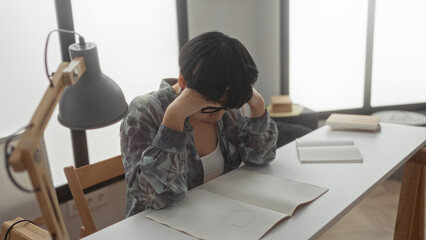 Young woman sitting indoors in an apartment studying at a desk with a lamp and notes, appearing to feel stressed while adjusting her glasses.