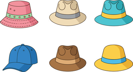 Cartoon hat illustration with six different styles including bucket, fedora, baseball cap, and wide-brim designs for fashion and design