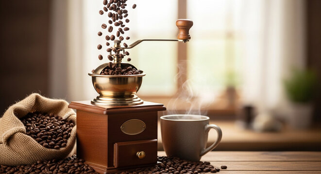 Coffee beans falling into a manual coffee grinder with a cup of coffee on a wooden table in front of a bright window in the background