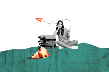 Composite photo collage of happy girl hold iphone ticket booking plane flight summer vacation camp bonfire isolated on painted background