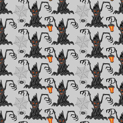 Halloween seamles pattern with scary trees and spiders. Vector hand drawn illustration.
