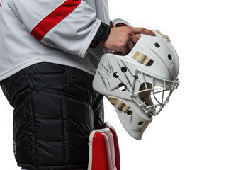 Hockey player holding his helmet isolated on transparent background, getting ready